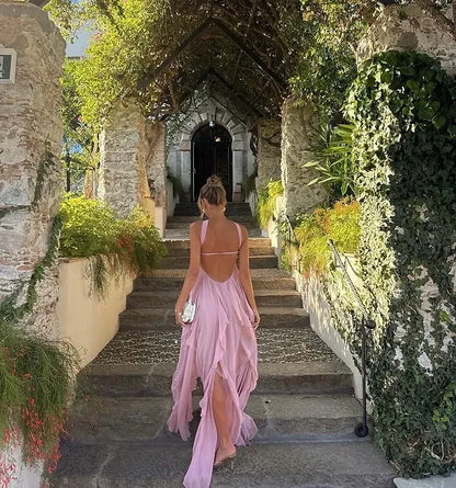 Robe longue à bretelles à volants Collins